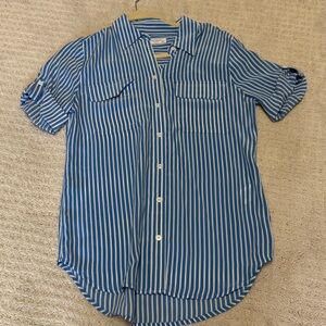 Blue and white striped silk Equipment blouse.